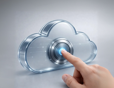 Рука нажимает на светящуюся кнопку активации внутри стеклянного облачного контура