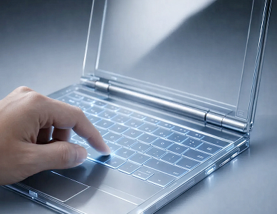 Руки пользователя работают на футуристичном прозрачном ноутбуке